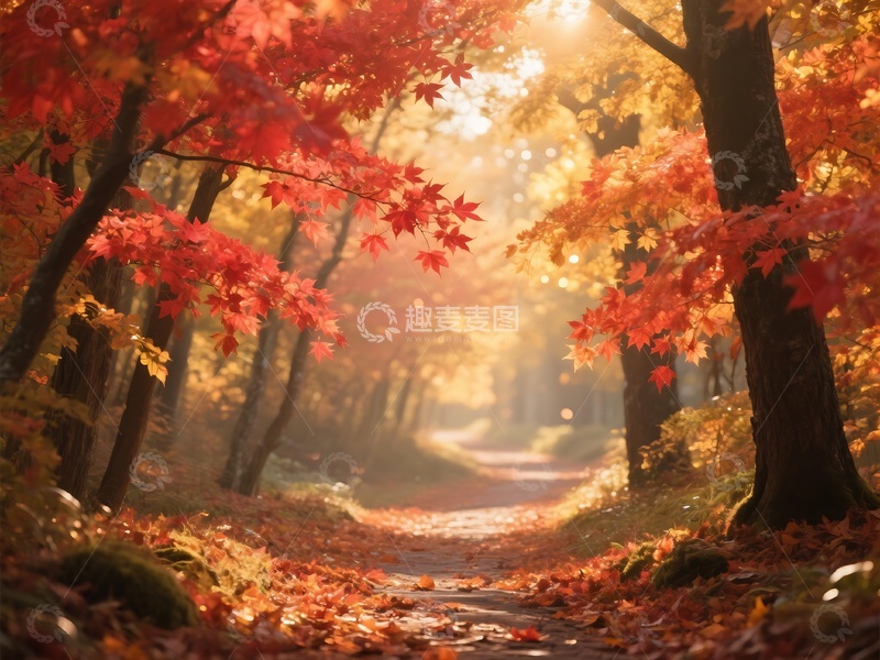 高清大图下载【趣麦麦图】秋日红叶林间阳光洒落美景