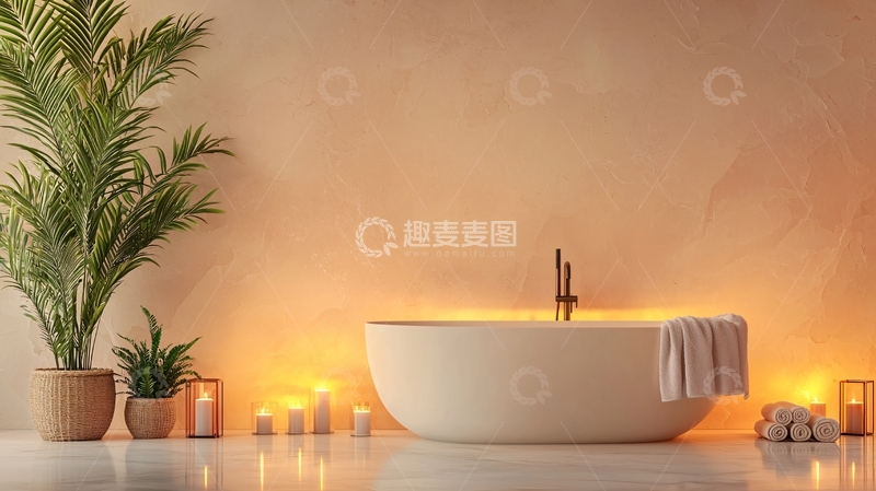 高清大图下载【趣麦麦图】-极简风浴缸和绿植的浴室