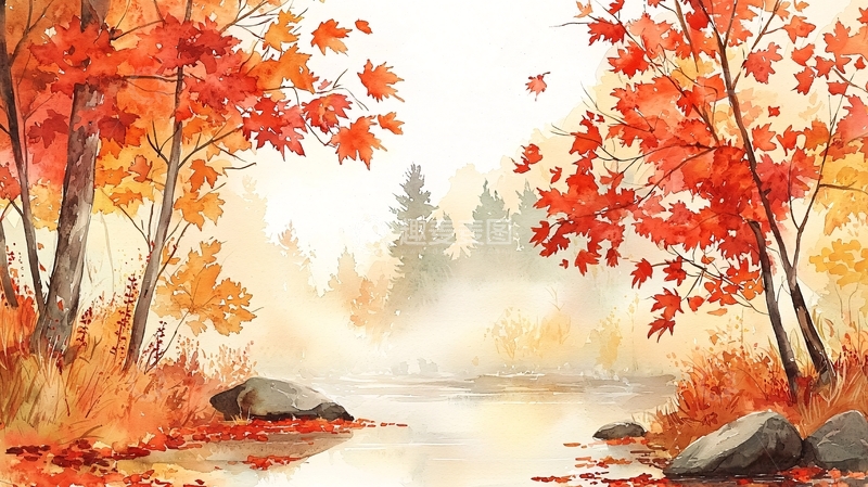 高清大图下载【趣麦麦图】秋季森林河流风景水彩画