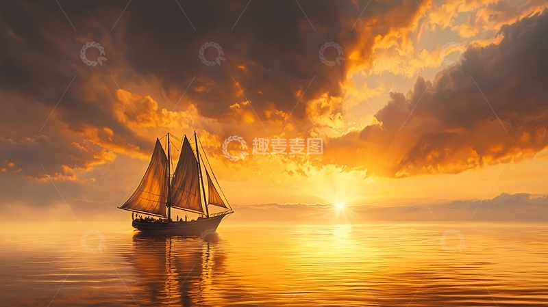 高清大图下载【趣麦麦图】帆船航行在金色的日落海面上
