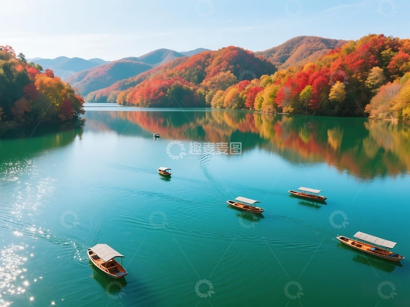 高清大图下载【趣麦麦图】秋日彩林环绕的湖泊游船景致
