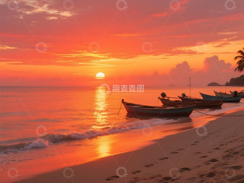 高清大图下载【趣麦麦图】海滩夕阳下的渔船停泊景象