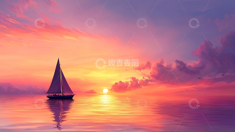 高清大图下载【趣麦麦图】帆船夕阳海面