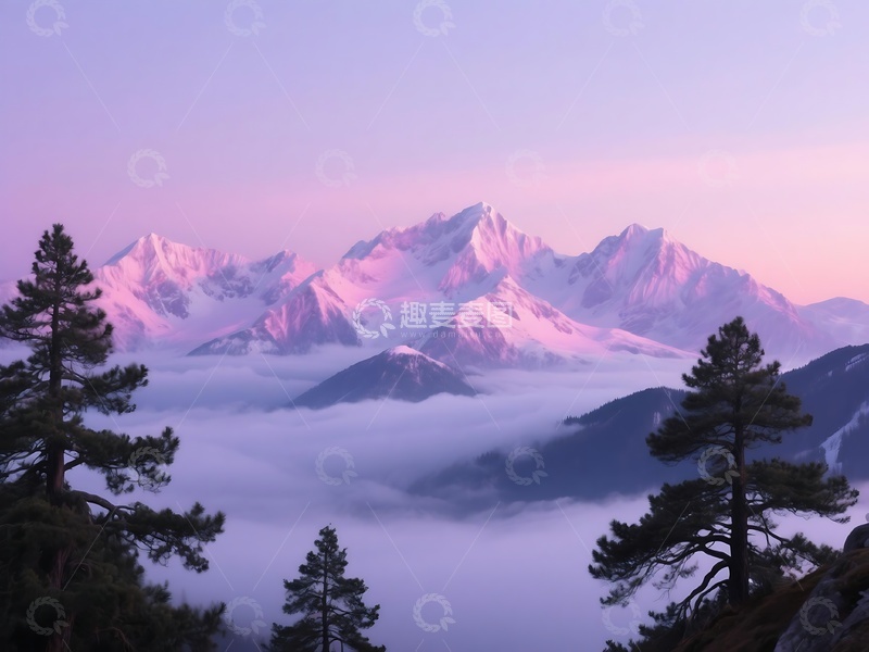 高清大图下载【趣麦麦图】晨雾中粉紫山峦与松树景致