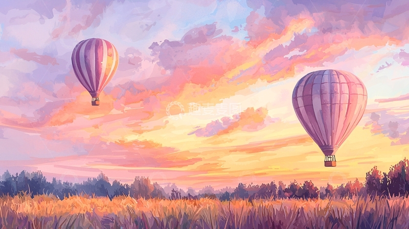 高清大图下载【趣麦麦图】热气球在粉色天空下飞行