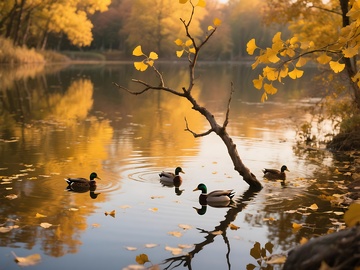 秋意浓浓的湖边树木与游禽景观