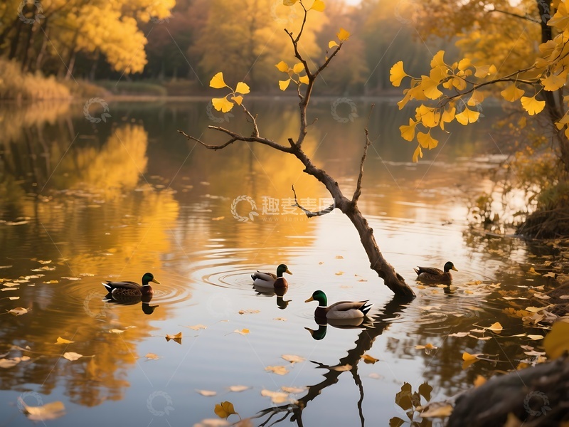 高清大图下载【趣麦麦图】秋意浓浓的湖边树木与游禽景观