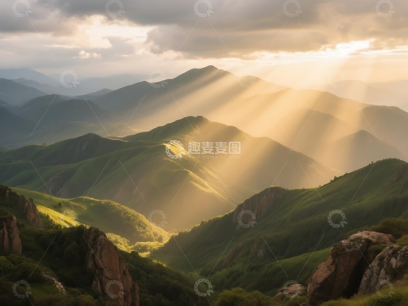 高清大图下载【趣麦麦图】山间阳光穿透云层的壮丽景色