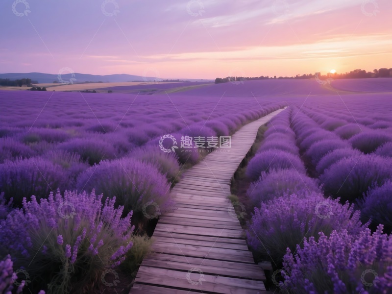 高清大图下载【趣麦麦图】夕阳下薰衣草田木栈道风光