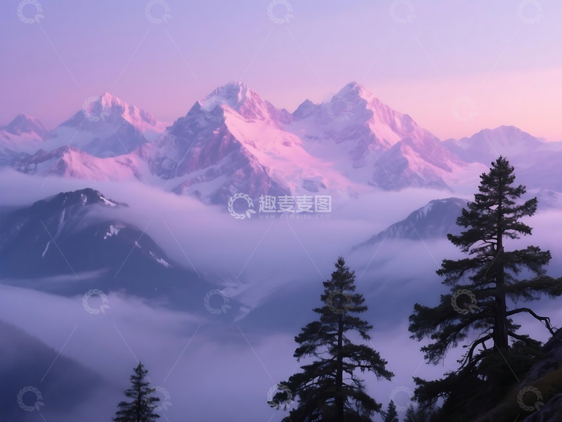 高清大图下载【趣麦麦图】云雾间粉紫山峰的梦幻风光