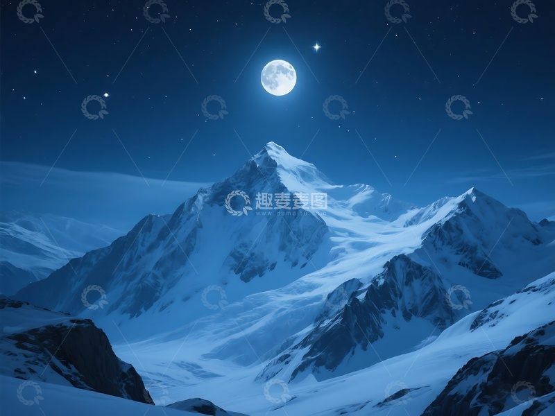 高清大图下载【趣麦麦图】月夜下白雪皑皑的山峰景象