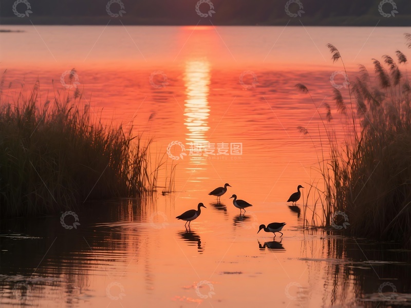 高清大图下载【趣麦麦图】夕阳下芦苇荡边的湖岸禽鸟画面