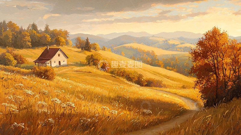 高清大图下载【趣麦麦图】金色的田野和乡村小屋