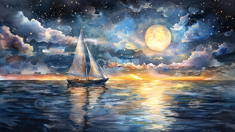 高清大图下载【趣麦麦图】夜空下航行的帆船