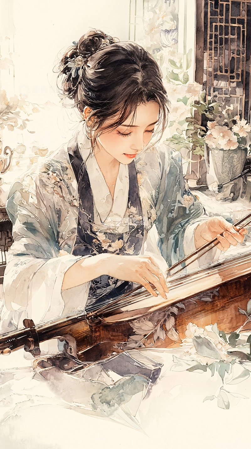 高清大图下载【趣麦麦图】古风女子弹奏乐器