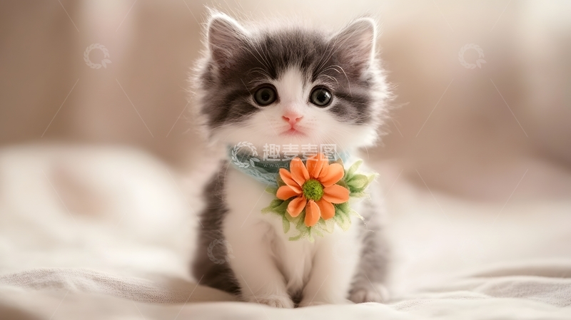 高清大图下载【趣麦麦图】佩花饰萌猫室内宠物图