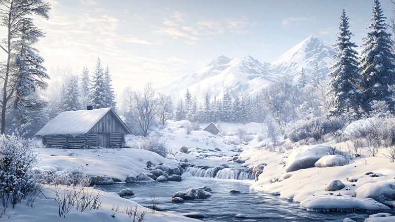 高清大图下载【趣麦麦图】雪山下的木屋和溪流