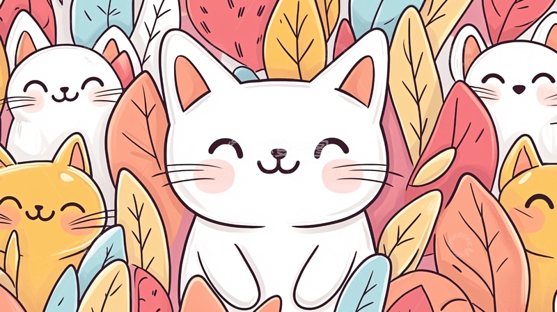 高清大图下载【趣麦麦图】卡通猫咪藏在树叶中