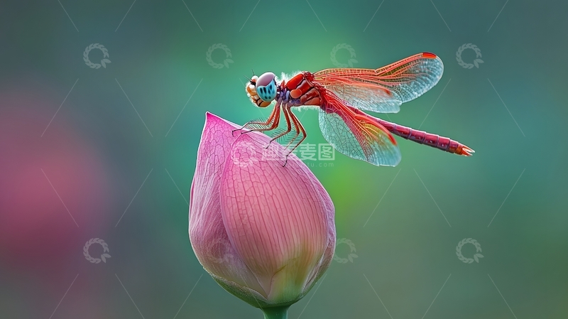 高清大图下载【趣麦麦图】红蜻蜓停荷花苞生态摄影图
