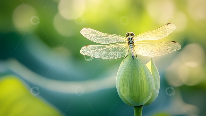 高清大图下载【趣麦麦图】绿色荷花苞上蜻蜓生态特写图