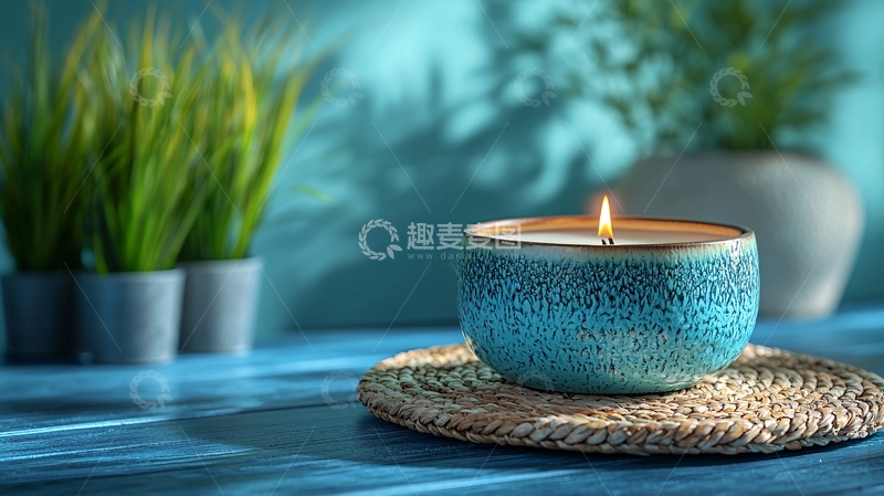 高清大图下载【趣麦麦图】蓝色蜡烛与植物静物