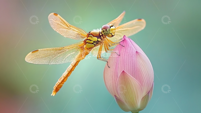 高清大图下载【趣麦麦图】粉荷花苞上蜻蜓生态特写图