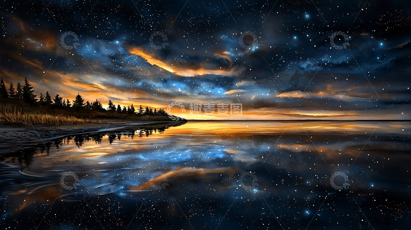 高清大图下载【趣麦麦图】宁静的湖面星空倒影
