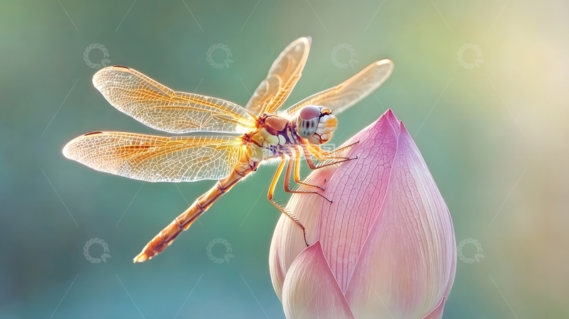 高清大图下载【趣麦麦图】橙蜻蜓静停荷花苞生态图