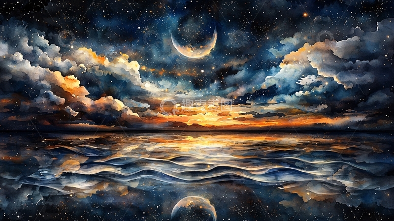 高清大图下载【趣麦麦图】梦幻星空月夜海面