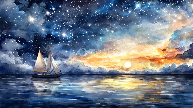 高清大图下载【趣麦麦图】星空下的帆船