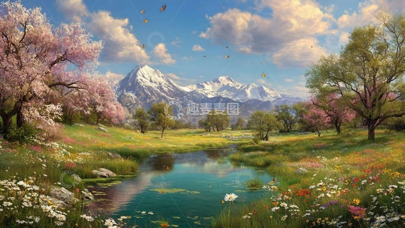 高清大图下载【趣麦麦图】春日花开，雪山溪流间的宁静