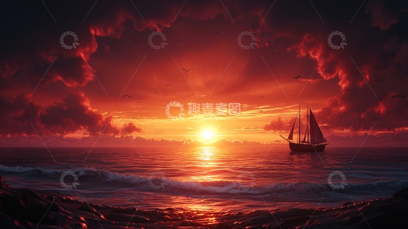 高清大图下载【趣麦麦图】海上日落帆船剪影