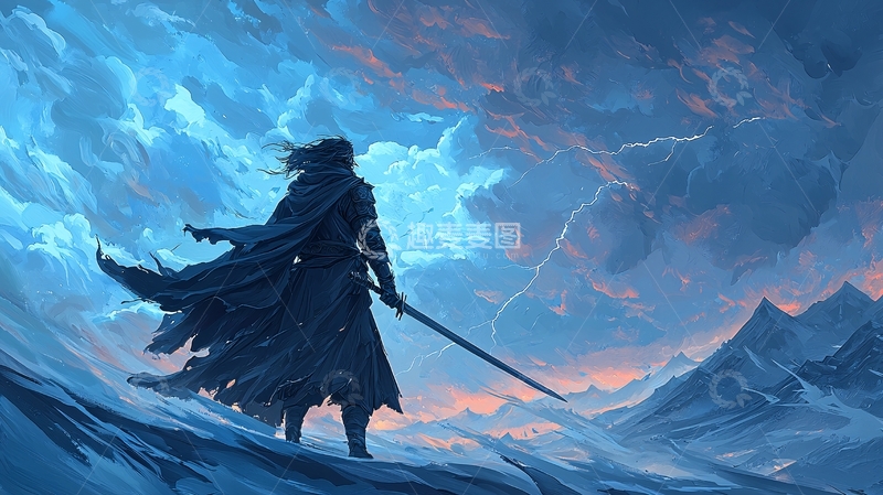 高清大图下载【趣麦麦图】雪山剑客背影面对暴风雨
