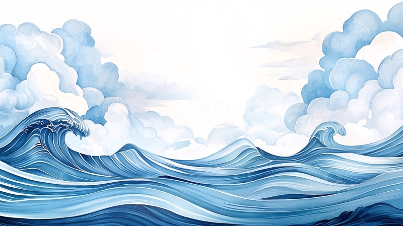高清大图下载【趣麦麦图】海浪与云朵的柔美绘画