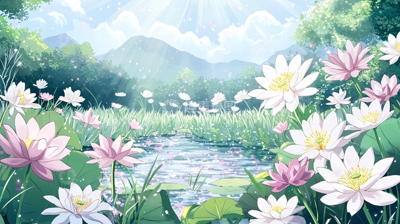 高清大图下载【趣麦麦图】梦幻莲花池塘风景图