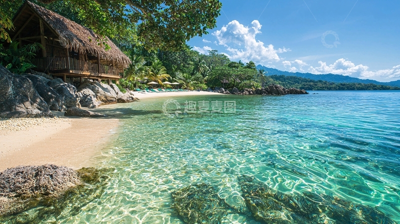 高清大图下载【趣麦麦图】海边茅草屋的静谧风景
