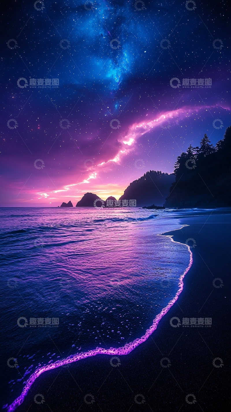 高清大图下载【趣麦麦图】梦幻星空下的海岸线