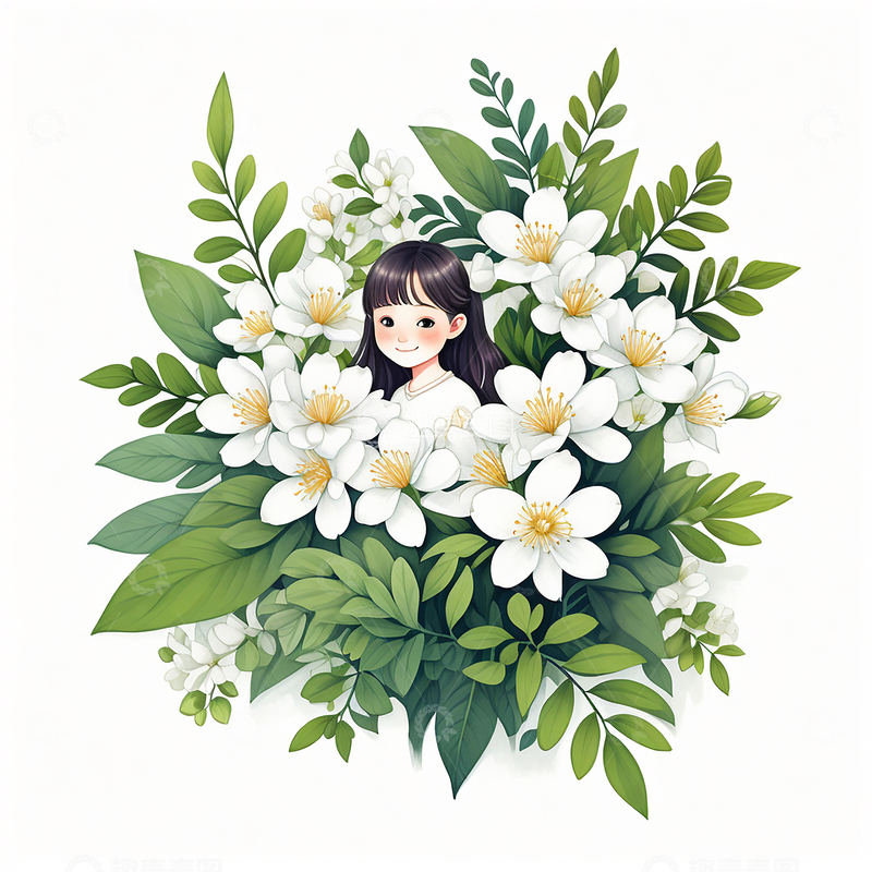 高清大图下载【趣麦麦图】少女与茉莉花.