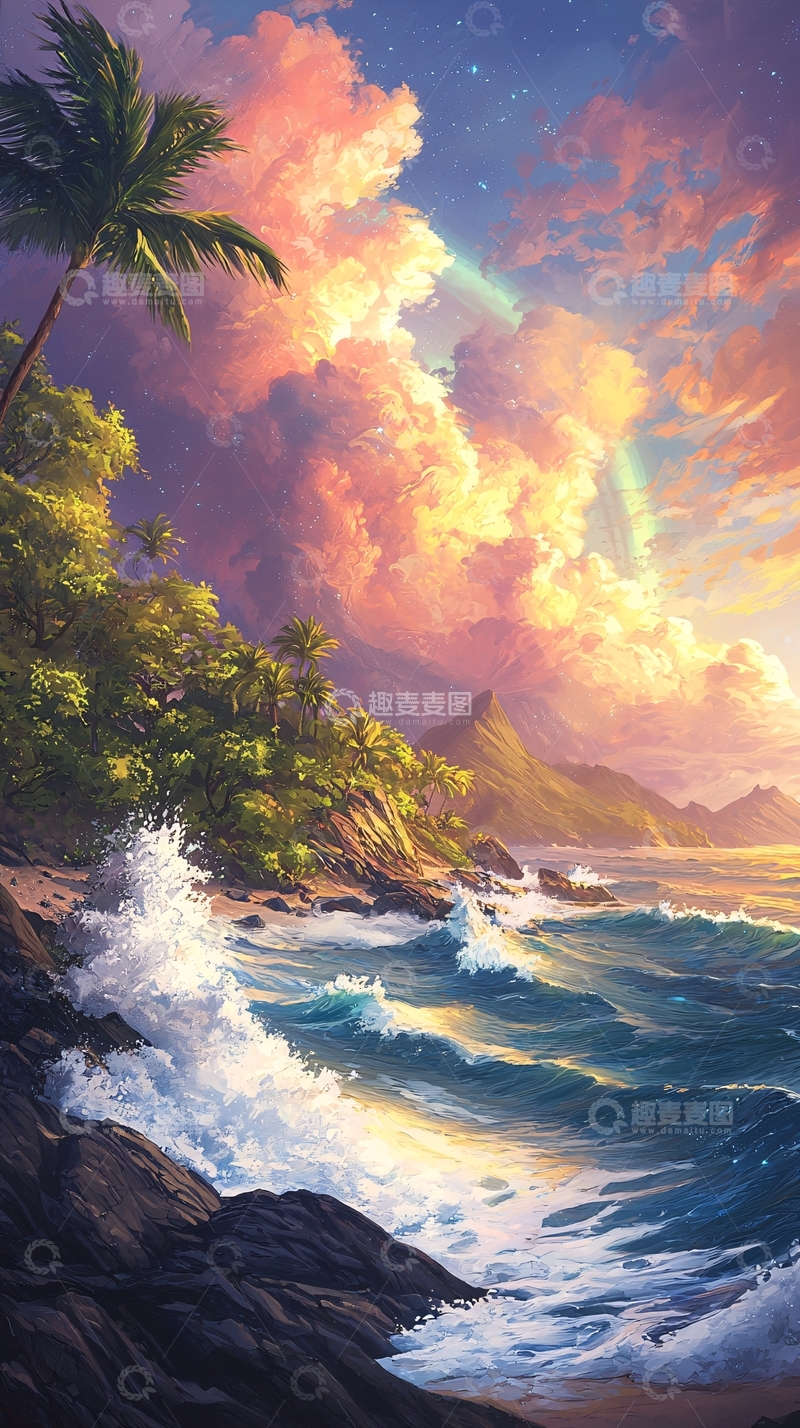 高清大图下载【趣麦麦图】热带海滩日落云彩