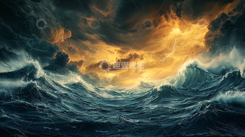 高清大图下载【趣麦麦图】波涛汹涌的海洋与末日天空