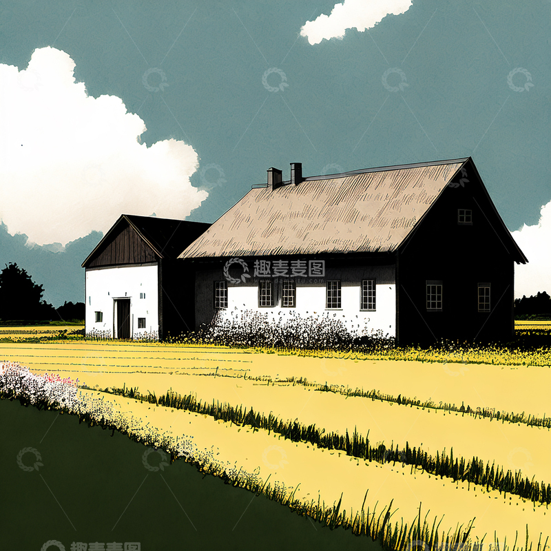 高清大图下载【趣麦麦图】版画风乡村农舍