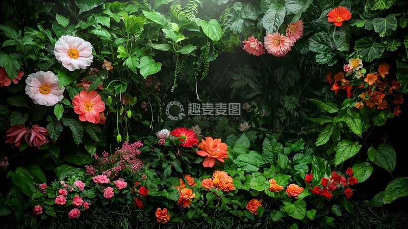 高清大图下载【趣麦麦图】繁茂花朵植物围绕的背景