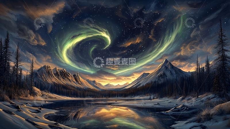 高清大图下载【趣麦麦图】极光笼罩下的山水