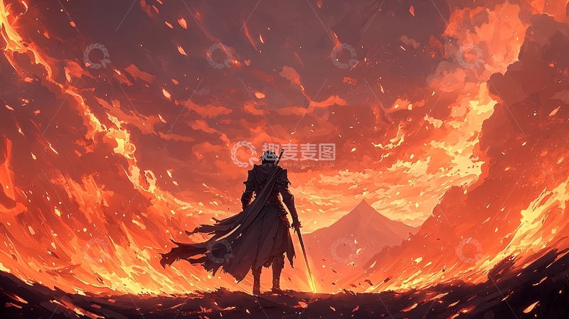 高清大图下载【趣麦麦图】末日战士背影矗立于火焰之中