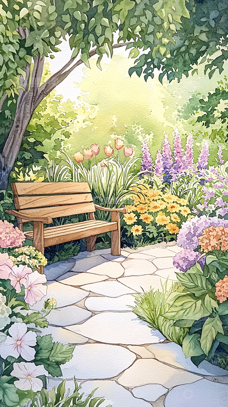 高清大图下载【趣麦麦图】花园长椅鲜花盛开