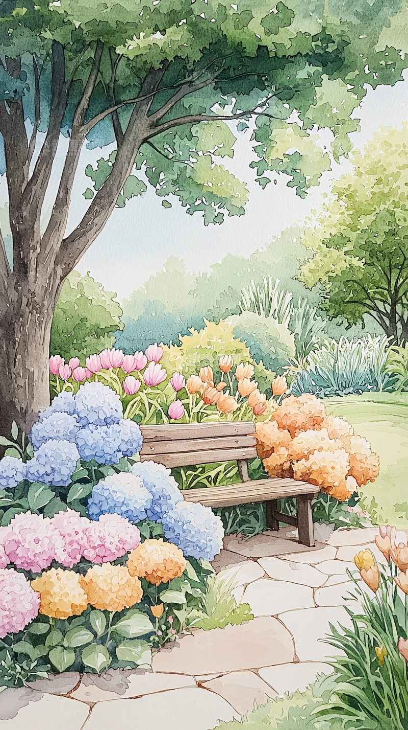 高清大图下载【趣麦麦图】花园里长椅旁的绣球花