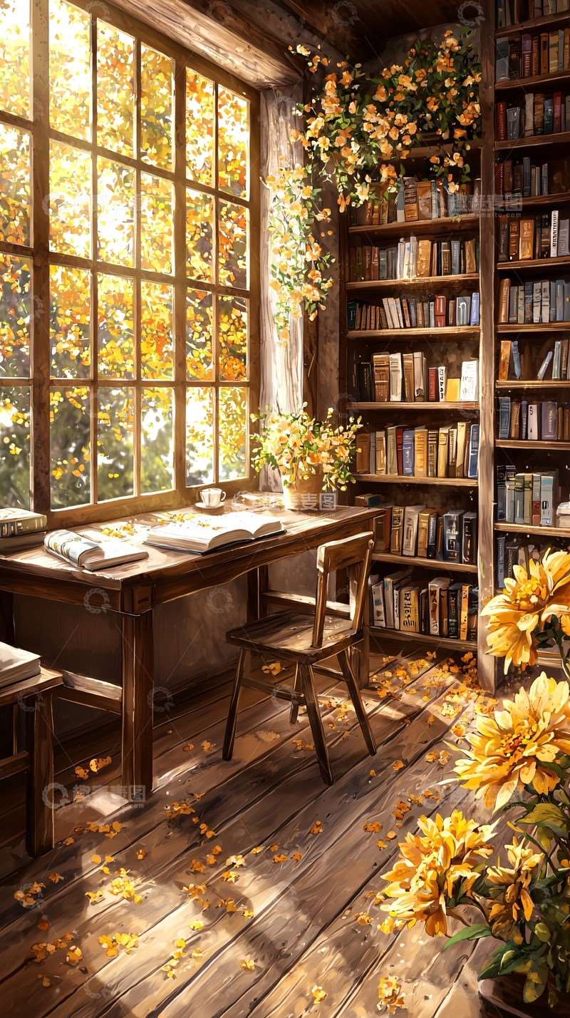 高清大图下载【趣麦麦图】秋日阳光洒满书房