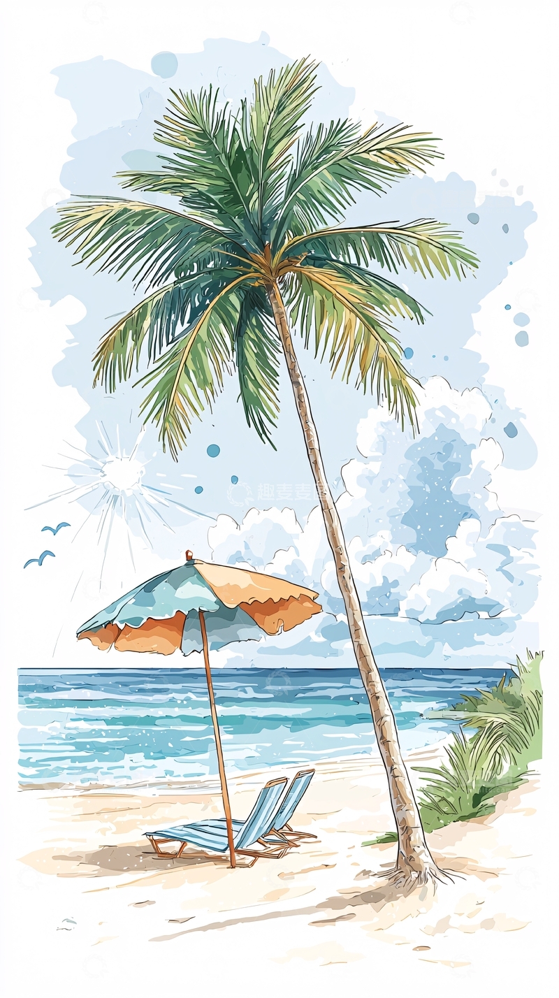 高清大图下载【趣麦麦图】海滩椰树躺椅的恬静一隅