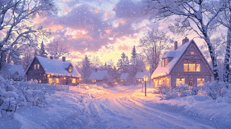 高清大图下载【趣麦麦图】雪夜村庄房屋灯光温暖