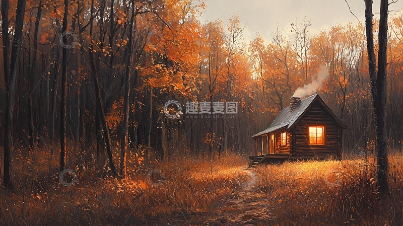 高清大图下载【趣麦麦图】秋日森林中的温暖小屋